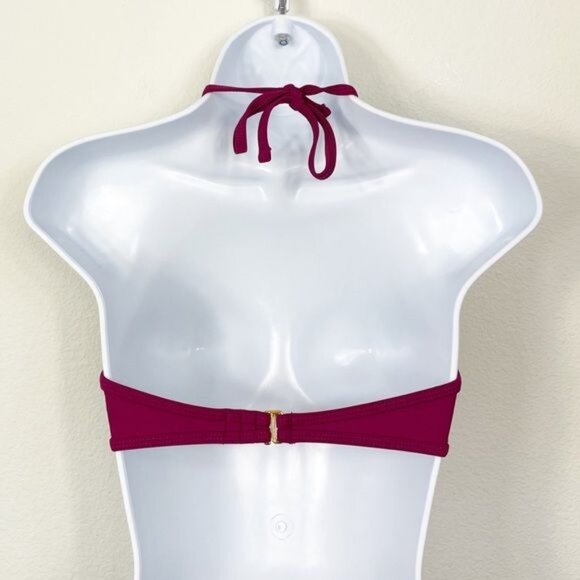 California Sunshine Halter Bikini Top W/ Gold Ring Detail Medium Maroon Nylon/Sp - Picture 4 of 4